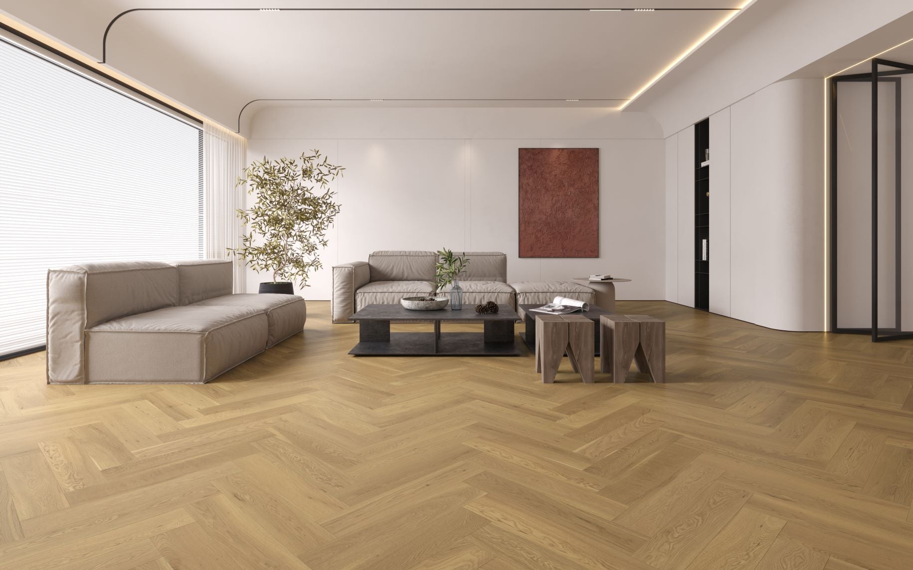 Warm Beige Herringbone Timber Flooring