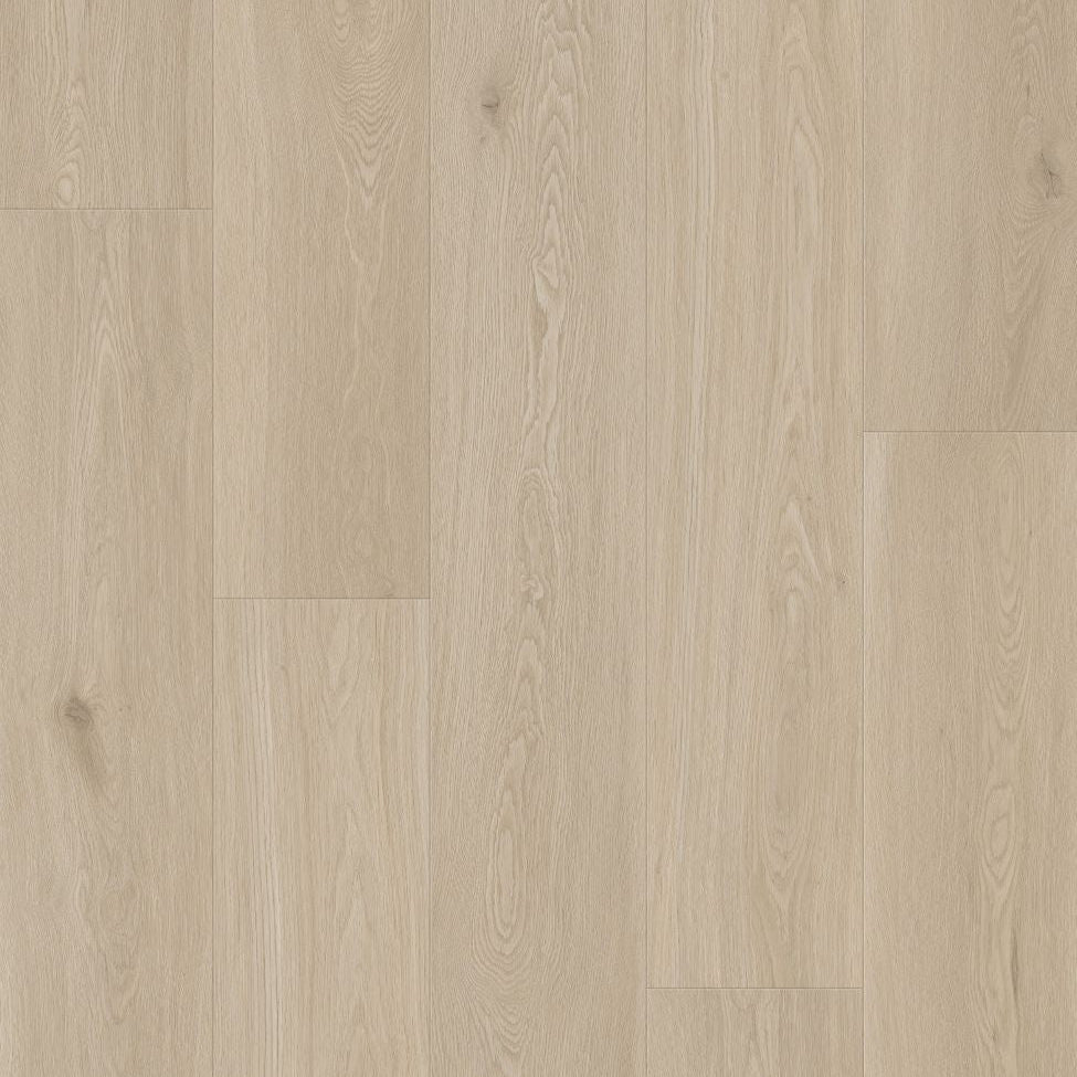 Close-up of a hybrid wood floor with a light creamy grey color and visible grain pattern.