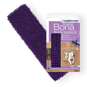 Purple microfiber sweeping pad with Bona packaging on a white background