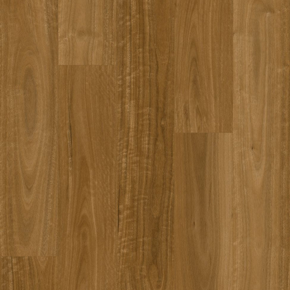 Close-up of hybrid flooring with a warm brown color.