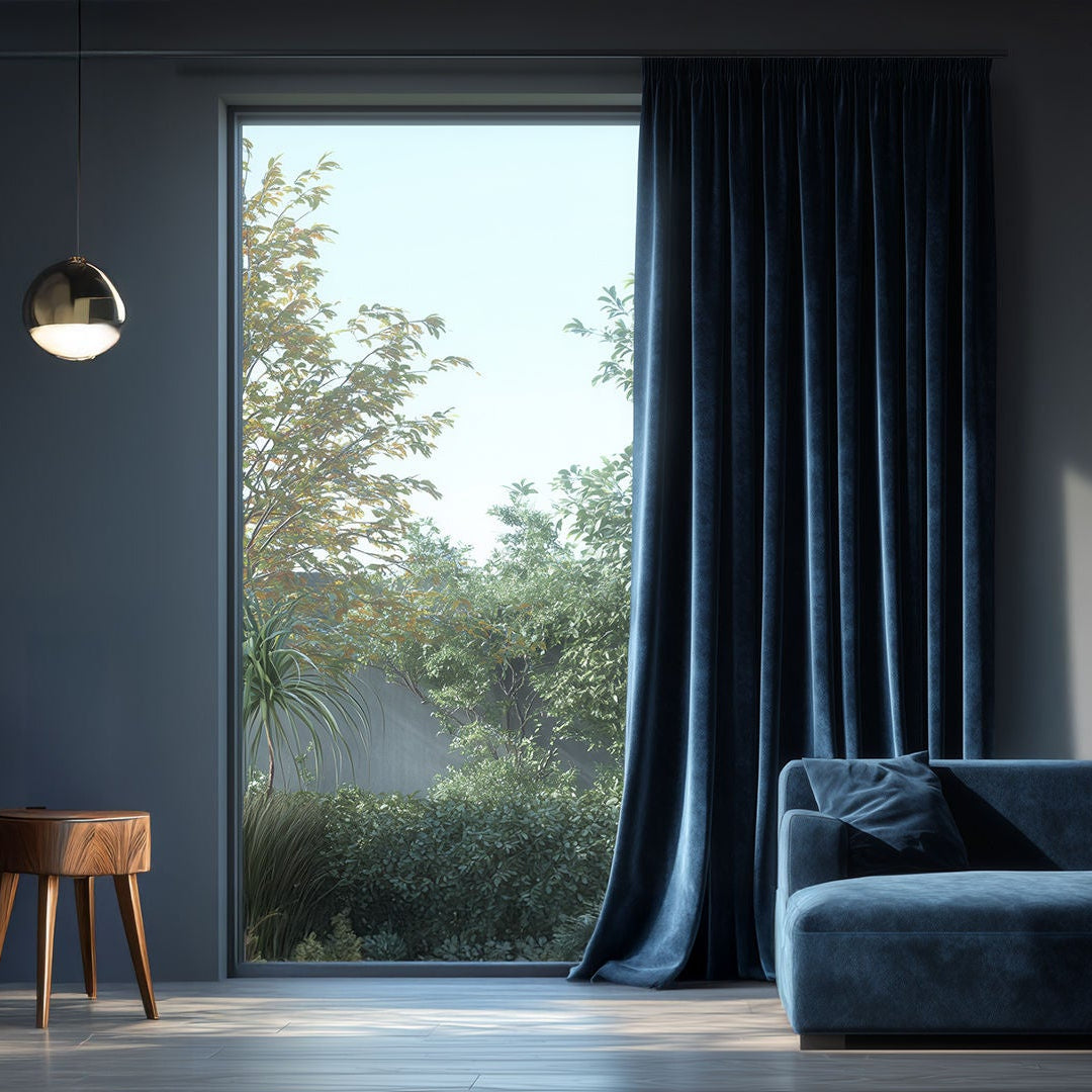 A modern living room scene featuring a pair of dark navy blue velvet curtains hanging next to a tall window with a view of green trees outside. A matching navy blue sofa is positioned on the right, and a black leather armchair with wooden legs sits on the left.