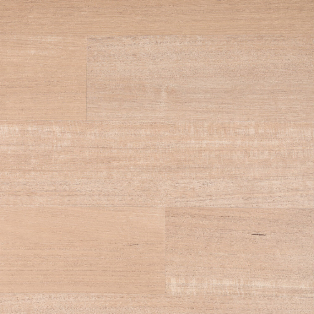 A close-up view of a light beige wood grain vinyl flooring with subtle horizontal plank lines and natural texture.